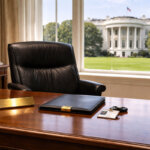 Empty White House office desk and chair overlooking the West Wing lawn, symbolizing the crypto czar’s departure after policy wins for banks and institutions over Bitcoin