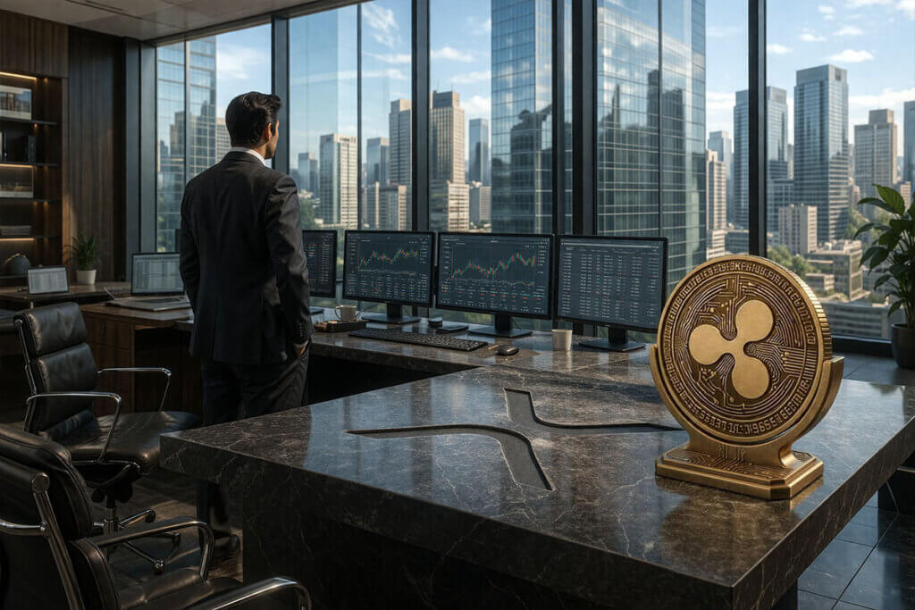 Executive in a bank-style trading office overlooking city towers beside an XRP emblem, illustrating Ripple’s private blockchain push and concerns it could outpace XRP price growth