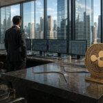 Executive in a bank-style trading office overlooking city towers beside an XRP emblem, illustrating Ripple’s private blockchain push and concerns it could outpace XRP price growth