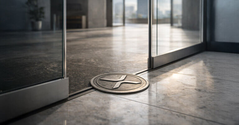XRP logo embedded at a glass doorway threshold in a modern office, symbolizing the XRP ETF arc reshaping the altcoin playbook ahead of potential ETF approvals by Q4 2026