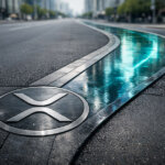 XRP Ledger emblem embedded in a city roadway with a glowing parallel lane branching alongside it, symbolizing plans to introduce a Hyperliquid-like sidechain for expanded functionality