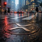 XRP logo on a rain-soaked city street as investors pull back, signaling first monthly outflow after a $1.2B ETF inflow streak