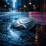 XRP coin partially submerged in a rain-soaked city street at night, symbolizing over $50 billion in unrealized losses for XRP holders