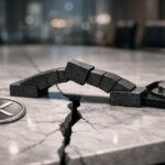 XRP Ledger token beside a cracked marble table bridged by blocks toward trading weights, symbolizing XRPL’s proposed Hyperliquid-like sidechain for the $40 billion options market and a pivotal design decision