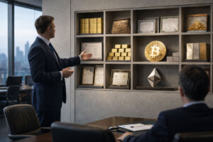 Advisor presenting Bitcoin and Ethereum assets alongside traditional holdings in a brokerage office, reflecting Charles Schwab expanding crypto access within mainstream accounts