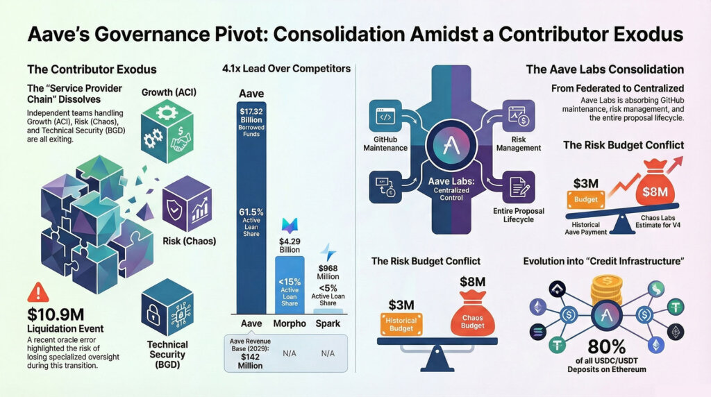 Infographic showing Aave’s governance pivot, contributor exodus, treasury and budget conflict, and consolidation of Aave Labs around its $25 billion lending market share
