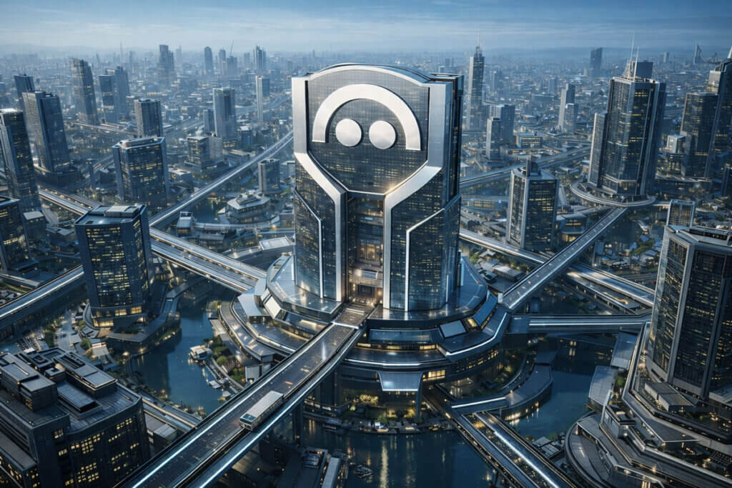 Futuristic city hub centered on an Aave-branded tower with connected networks, symbolizing its $25 billion dominance shaped by vision and contributors