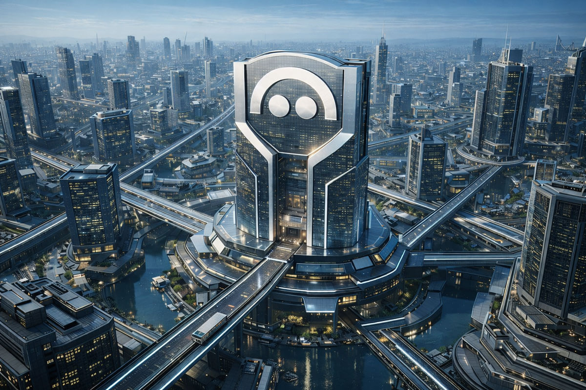 Futuristic city hub centered on an Aave-branded tower with connected networks, symbolizing its $25 billion dominance shaped by vision and contributors