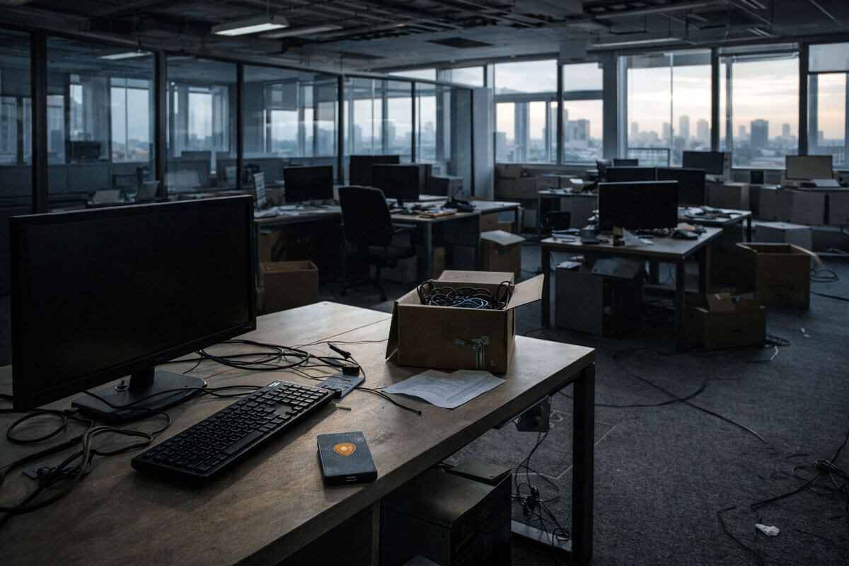 Empty office with idle computers and packed boxes, reflecting crypto apps shutting down as capital shifts to Bitcoin ETFs and stablecoins