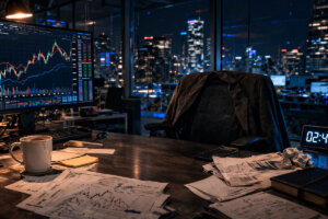 Late-night trading desk with charts and city skyline as Bitcoin surges past $71k while oil drops below $100 during volatile after-hours trading