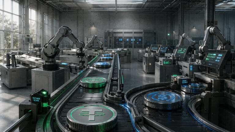 Robotic arms sorting stablecoin tokens on an automated factory line, illustrating how crypto’s agent economy is largely powered by bot-driven stablecoin flows