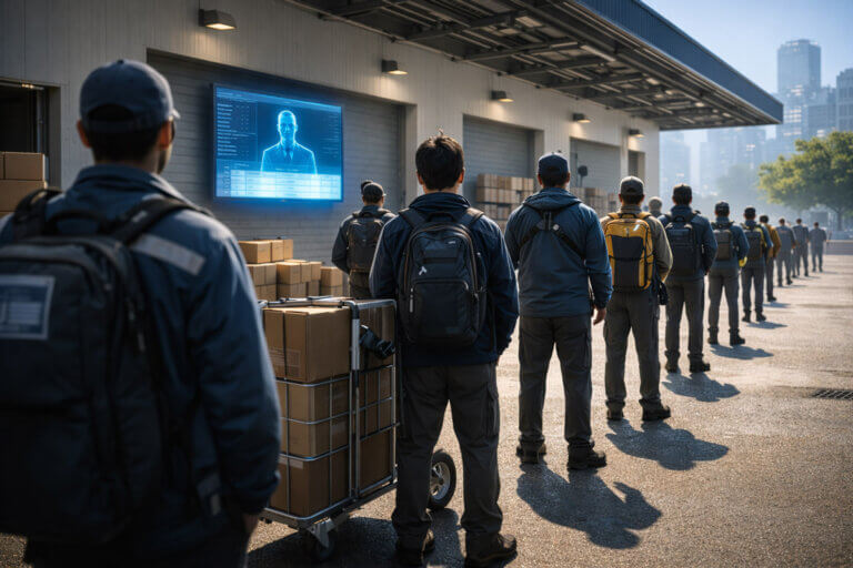 Workers lined up outside a facility watching a digital screen, symbolizing humans being assigned tasks by automated systems and bots