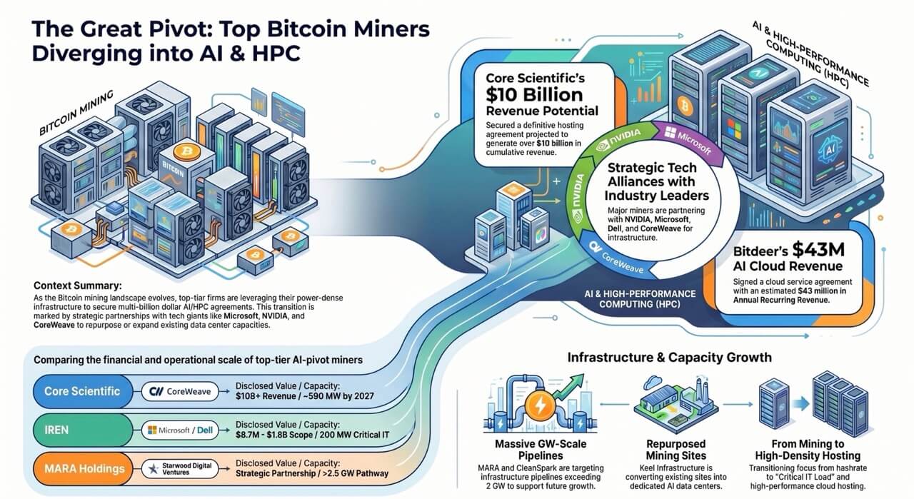 Infographic titled “The Great Pivot: Top Bitcoin Miners Diverging into AI & HPC.” It shows a visual transition from Bitcoin mining infrastructure on the left to AI and high-performance computing data centers on the right. Callouts highlight Core Scientific’s projected $10 billion revenue potential, Bitdeer’s $43 million annual recurring AI cloud revenue, and strategic partnerships with Nvidia, Microsoft, Dell, CoreWeave, and Starwood Digital Ventures. A comparison section lists Core Scientific, IREN, and MARA Holdings with disclosed deal values and capacity targets, while a bottom panel illustrates infrastructure expansion, repurposed mining sites, and a shift from mining to high-density hosting.