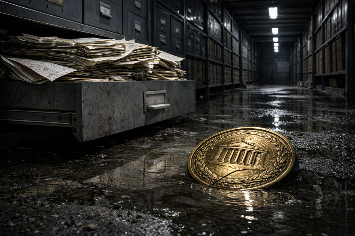 Stacks of bank records spilling from a filing cabinet beside a fallen coin in a dim archive, reflecting US support for banks while underlying SVB risks persist