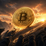 Bitcoin coin surging uphill past reaching bears at sunset, symbolizing Bitcoin’s move toward $80,000 as bearish bets keep failing