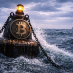 Bitcoin buoy riding rough seas with a distant ship, reflecting April’s strong gains while a looming Fed date threatens to reverse the rally