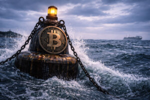 Bitcoin buoy riding rough seas with a distant ship, reflecting April’s strong gains while a looming Fed date threatens to reverse the rally