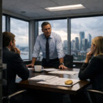 Executives in a boardroom reviewing documents beside a Bitcoin coin, reflecting institutional players influencing and repeatedly stalling the rally toward $70,000