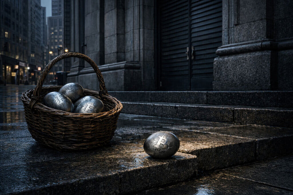 Basket of Bitcoin-themed eggs on a rainy city sidewalk outside a closed financial building, reflecting markets paused for the weekend ahead of a key jobs report