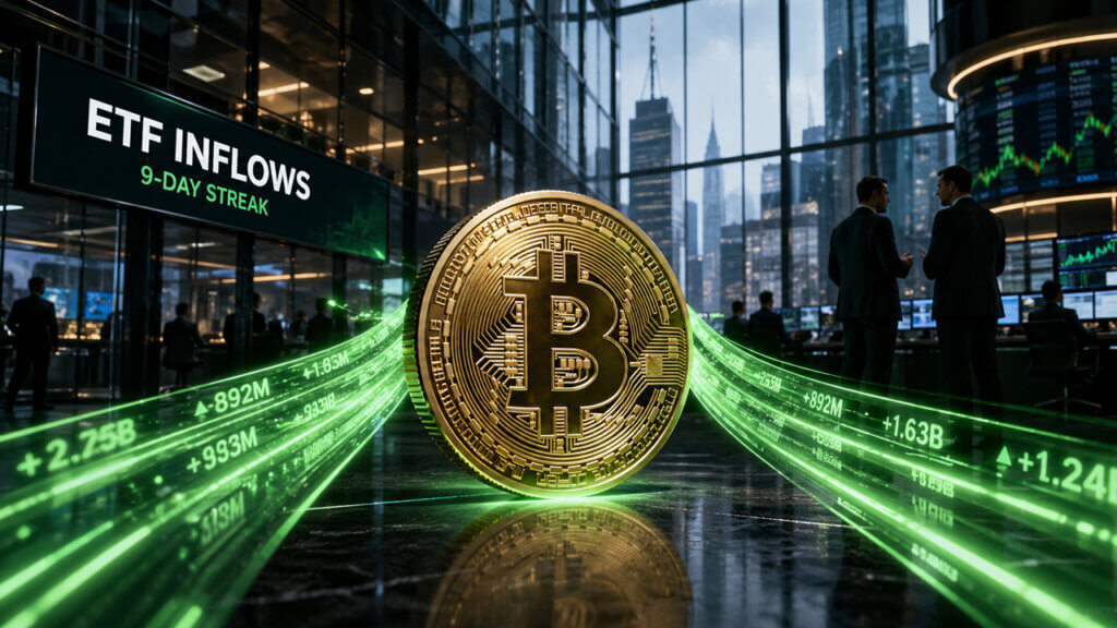 Bitcoin ETF inflows surround a large BTC coin as US funds extend a 9-day streak and approach 7% of supply