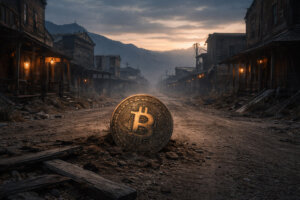 Bitcoin coin sitting in an empty deserted town street, symbolizing weak on-chain activity while price is driven elsewhere