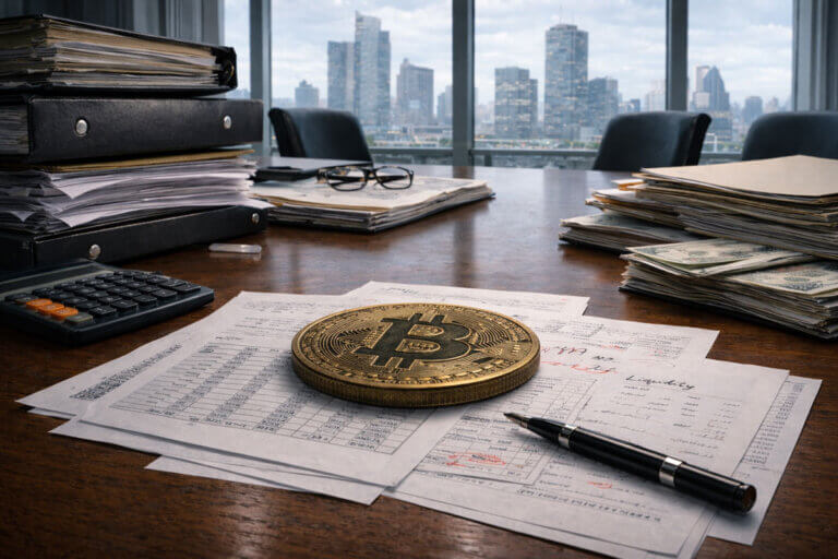 Bitcoin coin on financial documents and cash stacks in an office, reflecting long-term holders selling as debt and liquidity pressures increase