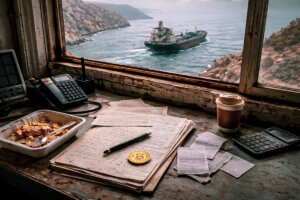 Bitcoin coin placed on shipping documents inside a control room overlooking an oil tanker in the Strait of Hormuz, symbolizing crypto payments tied to maritime security negotiations