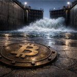 Bitcoin symbol on a wet industrial floor as floodgates surge ahead, illustrating the dollar squeeze holding back BTC despite rising global money supply
