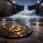 Bitcoin symbol on a wet industrial floor as floodgates surge ahead, illustrating the dollar squeeze holding back BTC despite rising global money supply