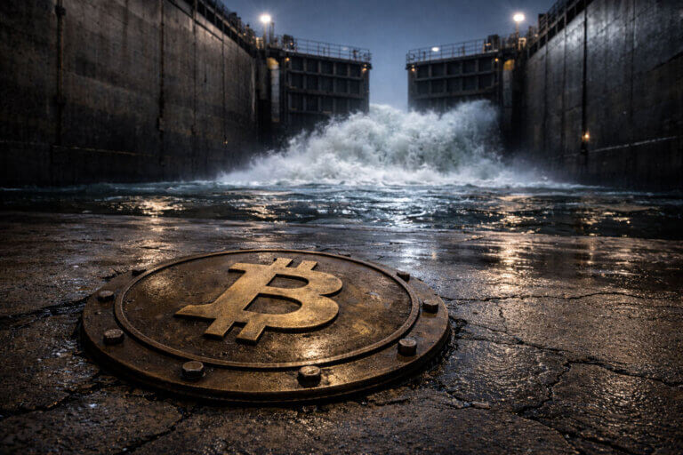 Bitcoin symbol on a wet industrial floor as floodgates surge ahead, illustrating the dollar squeeze holding back BTC despite rising global money supply
