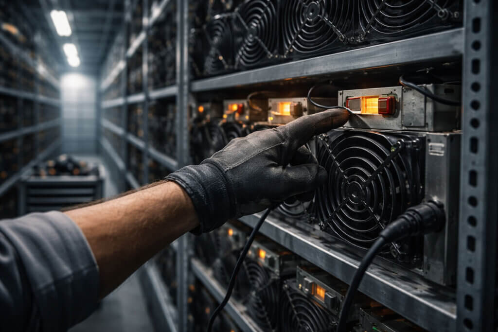 Close-up of a technician adjusting crypto mining rigs in a data center, reflecting Bitcoin miner pressure nearing exhaustion and a potential market reversal