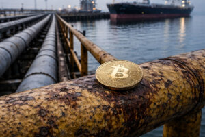 Bitcoin coin on an oil pipeline near a tanker, reflecting surge in trading activity as traders react to ceasefire-driven price momentum