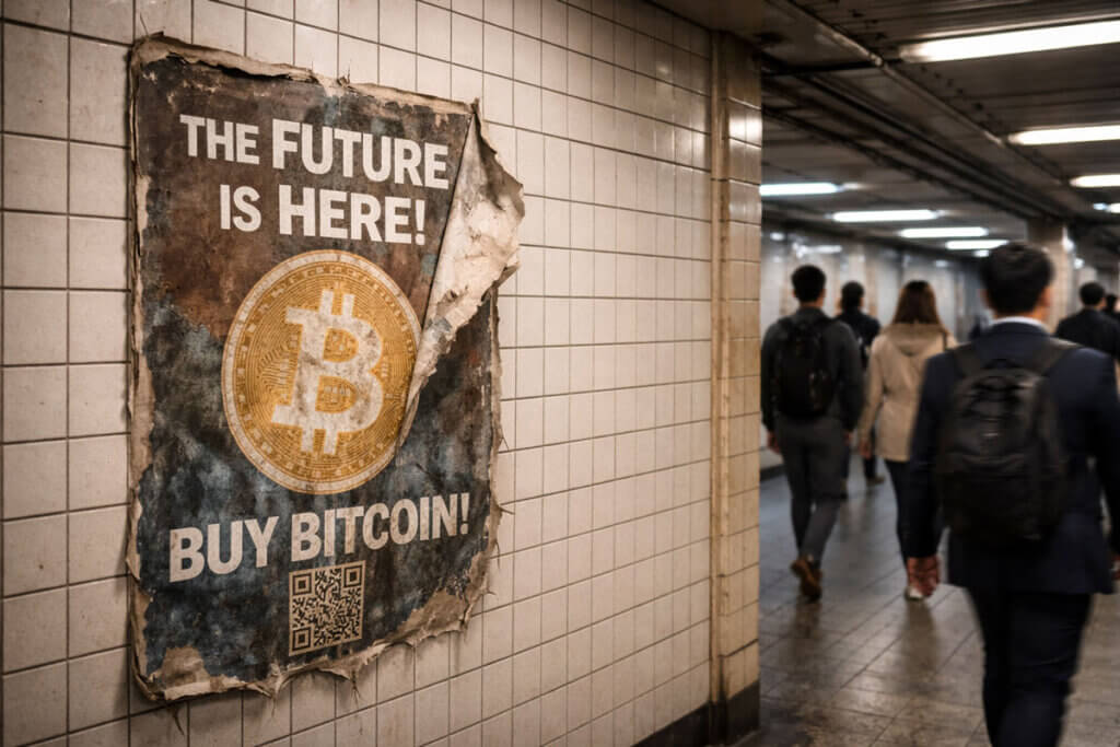 Worn Bitcoin poster in a subway corridor ignored by passing commuters, reflecting fading retail excitement despite growing Wall Street support