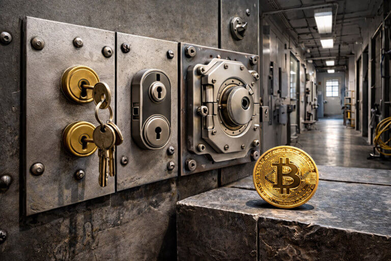 Bitcoin coin beside a heavily locked vault door with keys and layered security hardware, symbolizing the high-stakes security battle around Bitcoin’s new quantum migration proposal