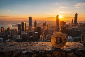 Bitcoin coin overlooking a city skyline at sunrise, reflecting a fragile rally above $70,000 driven by Iran deal hopes amid geopolitical tension