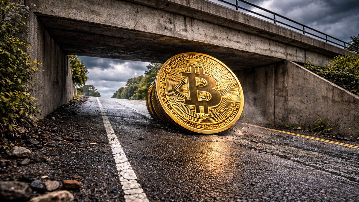 Bitcoin coin rolling uphill toward a low concrete overpass under dark storm clouds, symbolizing Bitcoin meeting a new ceiling as macro conditions grow tougher