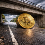 Bitcoin coin rolling uphill toward a low concrete overpass under dark storm clouds, symbolizing Bitcoin meeting a new ceiling as macro conditions grow tougher