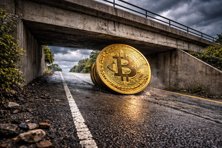 Bitcoin coin rolling uphill toward a low concrete overpass under dark storm clouds, symbolizing Bitcoin meeting a new ceiling as macro conditions grow tougher