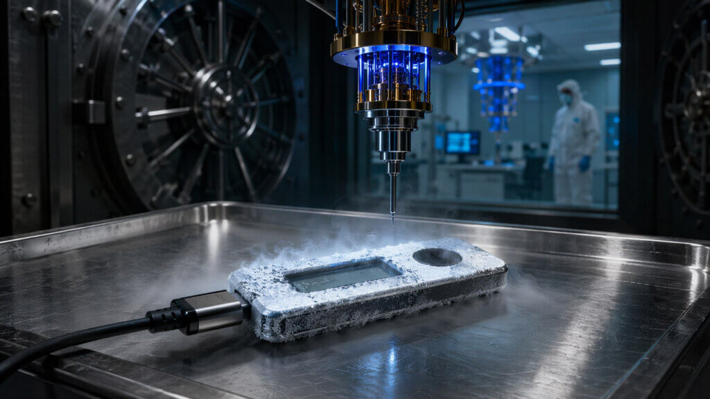 Frost-covered hardware wallet in a lab beneath a suspended tool, symbolizing Bitcoin’s quantum migration dilemma between frozen and stolen coins