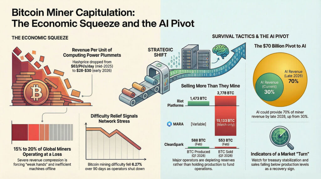 Infographic showing Bitcoin miner capitulation, declining revenue per hash, network stress, and a strategic pivot toward AI-driven revenue streams