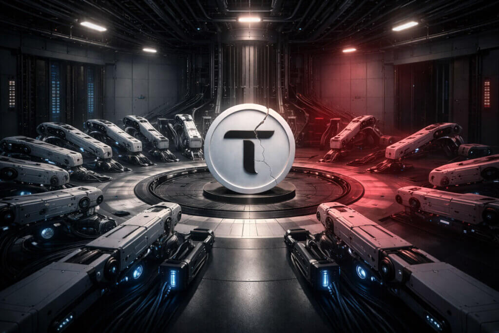 Cracked Bittensor coin surrounded by idle robotic arms in a dark lab, symbolizing sharp market losses and disruption after a key AI developer exit