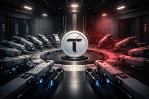 Cracked Bittensor coin surrounded by idle robotic arms in a dark lab, symbolizing sharp market losses and disruption after a key AI developer exit