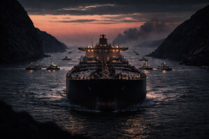 Oil tanker moving through a narrow strait at dusk with escort ships, symbolizing geopolitical tension as Bitcoin holds near $70,500 amid oil surge and failed US-Iran talks