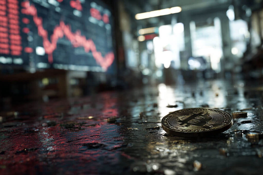 Bitcoin lying on wet ground as red market chart falls in background, reflecting price struggle near $71k after failed Iran talks and fading rally confirmation