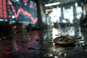 Bitcoin lying on wet ground as red market chart falls in background, reflecting price struggle near $71k after failed Iran talks and fading rally confirmation