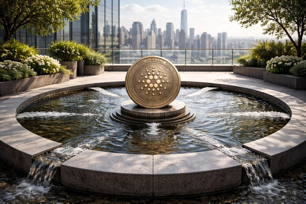 Cardano coin displayed on a central fountain with a city skyline backdrop, symbolizing growing liquidity and expansion toward long-term DeFi targets