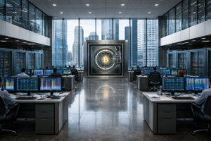 Modern trading floor with rows of analysts and a central Bitcoin vault, illustrating Wall Street-style infrastructure shaping the future of crypto markets