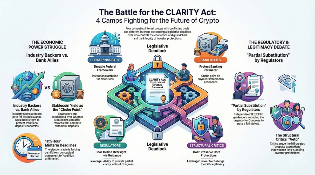Infographic showing four camps fighting over the CLARITY Act crypto bill, including regulators, bank allies, industry backers, and structural critics.