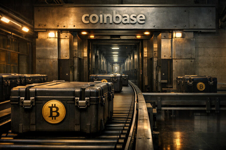 Bitcoin custody cases moving through a Coinbase facility, illustrating a central bottleneck in ETF custody flows