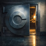 Massive vault door marked with a C opening into a secure room, symbolizing Washington choosing which crypto firms will control custody at the national level